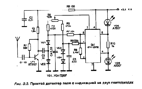 Постой малогабаритный детектор поля с индикацией на двух светодиодах.